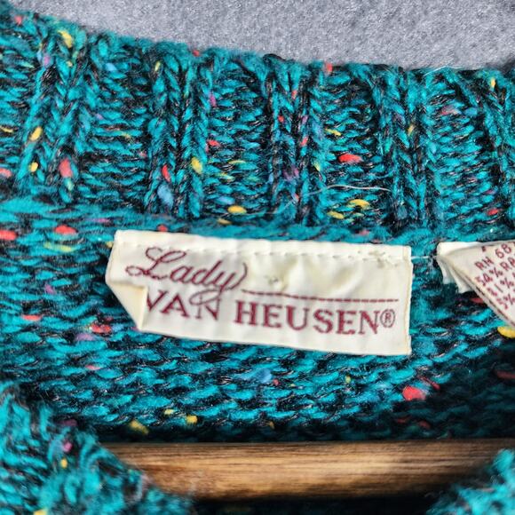 Vtg Womens Sweater XL Confetti Teal Lady Van Heusen Cable Knit Crewneck 70s 80s - Picture 3 of 8